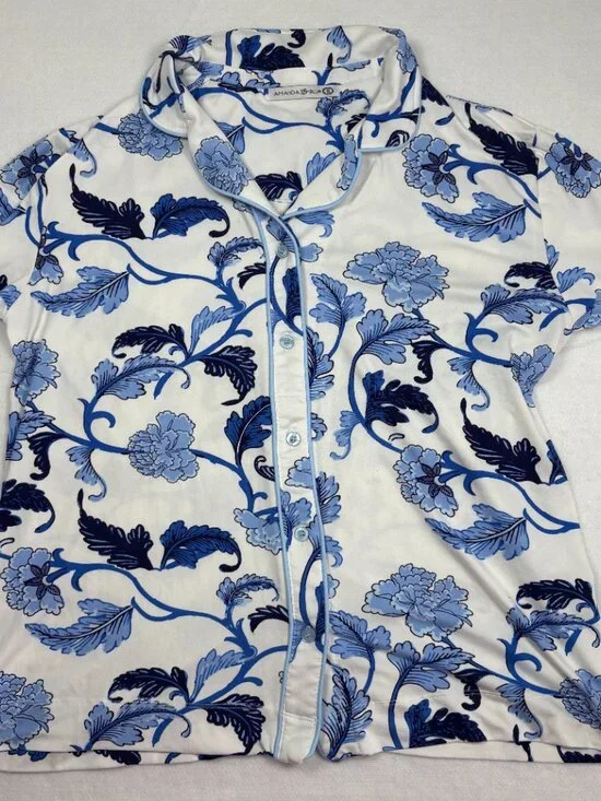 Amanda Blu "Blu Acanthus Leaf" Pajama Set Blue Floral Button Down Small - Picture 2 of 8